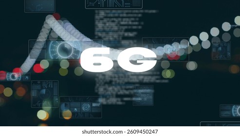 Image of 6g text, data processing and scopes scanning on screens over out of focus city lights. global networking, technology and digital interface concept digitally generated image.