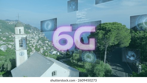 Image of 6g text, data processing and scopes scanning on screens over landscape. global networking, technology and digital interface concept digitally generated image.