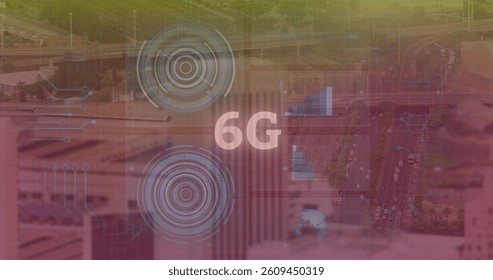 Image of 6g text, data processing and scopes scanning on screens over cityscape. global networking, technology and digital interface concept digitally generated image.