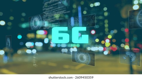 Image of 6g text, data processing and scopes scanning on screens over out of focus city lights. global networking, technology and digital interface concept digitally generated image.