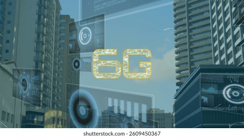 Image of 6g text, data processing and scopes scanning on screens over cityscape. global networking, technology and digital interface concept digitally generated image.