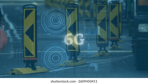 Image of 6g text, data processing and scopes scanning on screens over busy road. global networking, technology and digital interface concept digitally generated image.