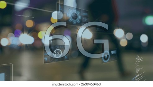 Image of 6g text, data processing and scopes scanning on screens over out of focus road traffic. global networking, technology and digital interface concept digitally generated image.