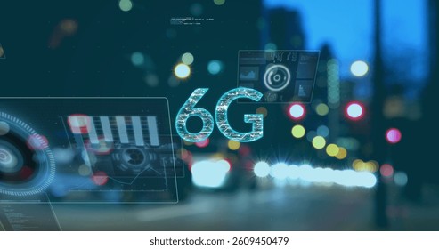 Image of 6g text, data processing and scopes scanning on screens over out of focus road traffic. global networking, technology and digital interface concept digitally generated image.