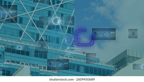 Image of 6g text, data processing and scopes scanning on screens over modern building. global networking, technology and digital interface concept digitally generated image.