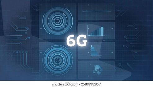 Image of 6g text, digital data processing over screens. Global digital interface, connections, computing and data processing concept digitally generated image.