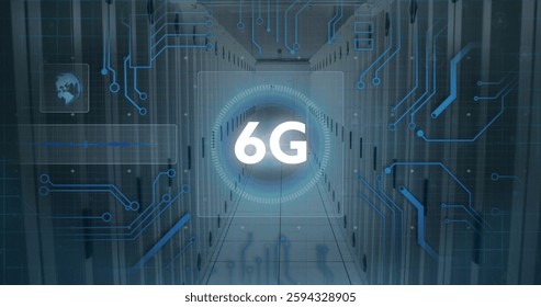 Image of 6g text, digital data processing over computer servers. Global connections, computing and data processing concept digitally generated image.