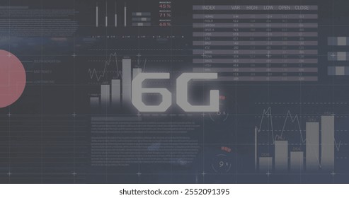 Image of 6g text and financial data processing over dark background. Global finance, business, connections, computing and data processing concept digitally generated image.