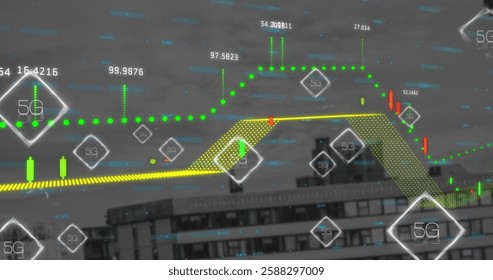 Image of 6g text and financial data processing over cityscape. Global finance, business, connections, computing and data processing concept digitally generated image.