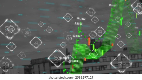 Image of 6g text and financial data processing over cityscape. Global finance, business, connections, computing and data processing concept digitally generated image.