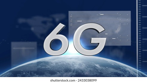 Image of 6g text, globe and computer data processing. Global networks, computing, digital interface and data processing concept digitally generated image.