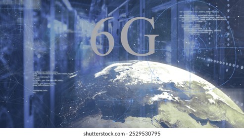 Image of 6g text, globe and data processing over computer server room. Global communication, data and network concept digitally generated image. - Powered by Shutterstock