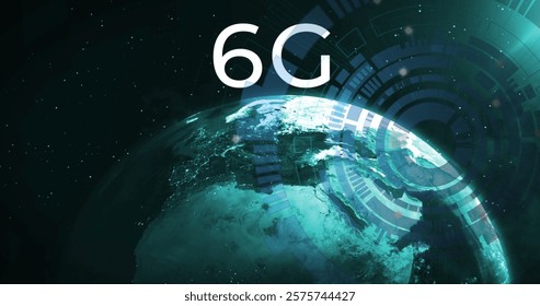 Image of 6g text, globe and digital data processing over scope scanning. Global connections, computing and data processing concept digitally generated image.