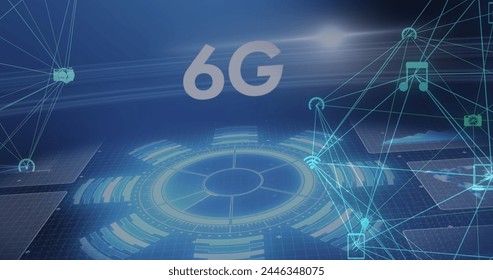 Image of 6g text with glowing interface and a network of media icons moving on blue background. communication technology digital interface concept, digitally generated image. - Powered by Shutterstock