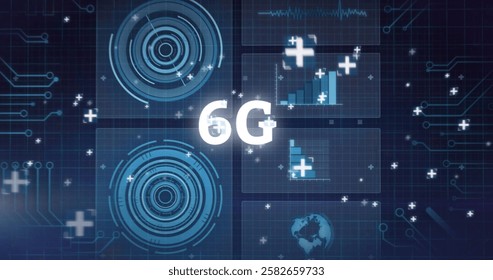 Image of 6g text and light over scanners, network and data processing on dark background. Connection, network, data, digital interface and communication, digitally generated image.