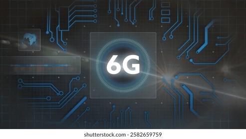 Image of 6g text and light over motherboard network processing data on dark background. Connection, network, data, digital interface and communication, digitally generated image.