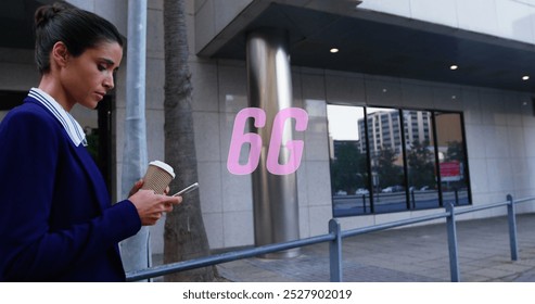 Image of 6g text over biracial businesswoman using smartphone. Global business, finances and digital interface concept digitally generated image. - Powered by Shutterstock