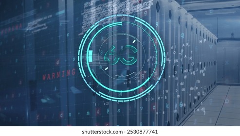 Image of 6g text over data processing and server room. global communication technology concept digitally generated image.