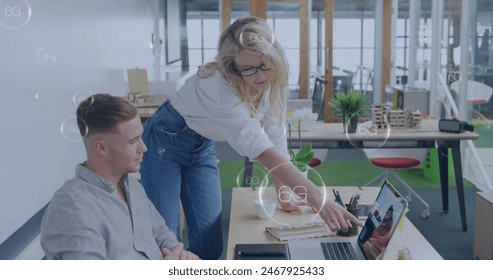 Image of 6g text over diverse business people in office. Global business, finances, computing and data processing concept digitally generated image.