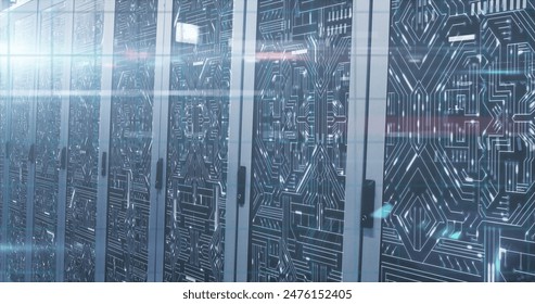 Image of 6g text over round scanner and mathematical equations against computer server room. Computer interface and business data storage technology concept