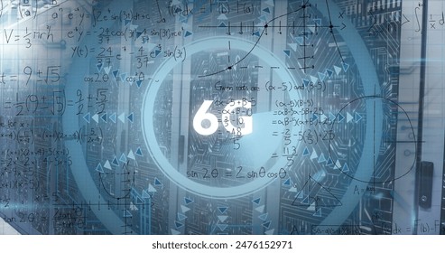 Image of 6g text over round scanner and mathematical equations against computer server room. Computer interface and business data storage technology concept