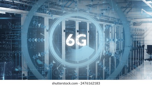 Image of 6g text over round scanner and mathematical equations against computer server room. Computer interface and business data storage technology concept