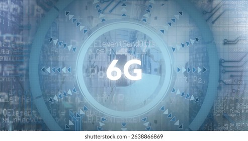 Image of 6g text over round scanner and spinning globe against empty computer server room. Global networking and business data storage technology concept