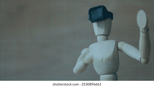 Image of 6g text, scope scanning and data processing over wooden mannequin wearing vr headset. global networking, technology and digital interface concept digitally generated image. - Powered by Shutterstock