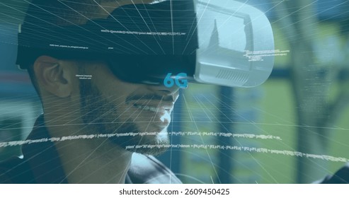 Image of 6g text, scope scanning and data processing on screens over man wearing vr headset. global networking, technology and digital interface concept digitally generated image.