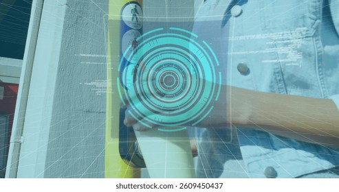 Image of 6g text, scope scanning and data processing over woman pressing traffic light button. global networking, technology and digital interface concept digitally generated image.