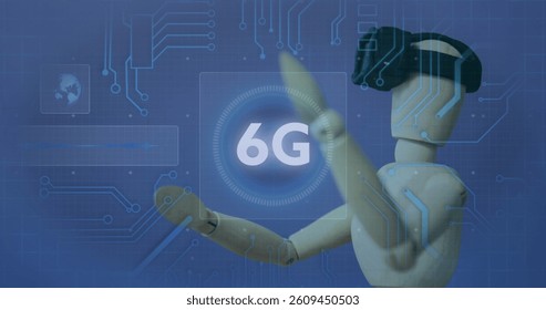Image of 6g text, scope scanning and data processing over wooden mannequin wearing vr headset. global networking, technology and digital interface concept digitally generated image.