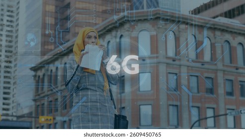 Image of 6g text, scope scanning and data processing over woman in hijab eating sandwich in city. global networking, technology and digital interface concept digitally generated image.