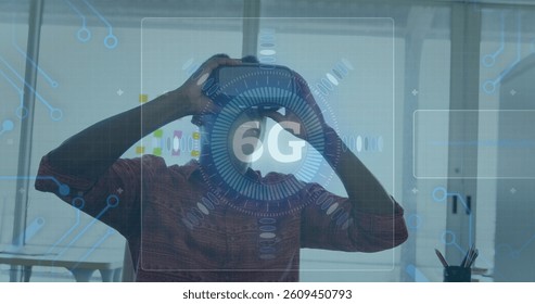 Image of 6g text, scope scanning and circuit board elements over man wearing vr headset. global networking, technology and digital interface concept digitally generated image.