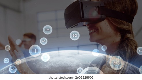 Image of 6g text, scopes scanning and data processing over woman wearing vr headset. global networks, technology and digital interface concept digitally generated image.