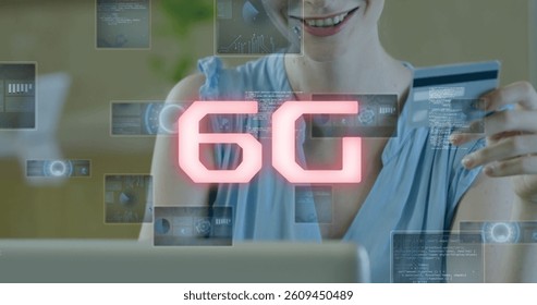 Image of 6g text, scopes scanning and data processing over woman using laptop. global networking, technology and digital interface concept digitally generated image.