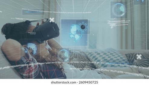 Image of 6g text, scopes scanning and data processing over woman wearing vr headset. global networking, technology and digital interface concept digitally generated image.