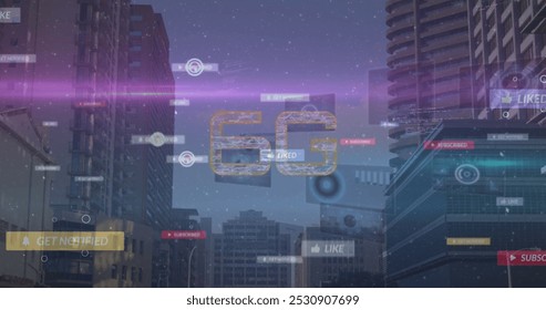 Image of 6g text, social media icons on banners over data processing and cityscape. global communication, digital interface and technology concept digitally generated image. - Powered by Shutterstock - Get 15% off with code: PIKWIZARD15