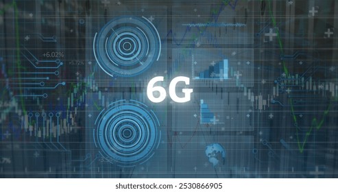 Image of 6g text, statistics and data processing over computer servers background. Global data processing, digital interface and connections concept digitally generated image.