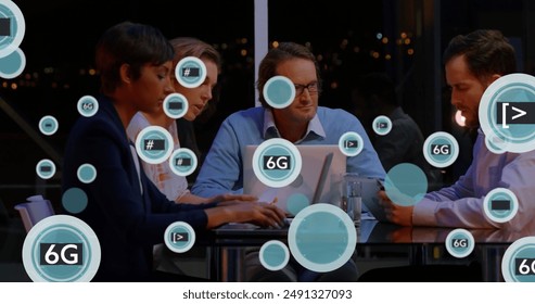 Image of 6g text and symbols in circles over diverse coworkers sharing ideas in cafes. Digital composite, technology, business, planning, discussion, telecommunication, teamwork concept - Powered by Shutterstock