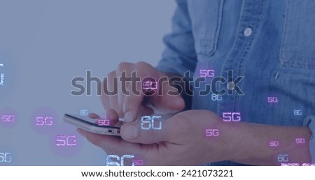 Image of 6g texts over caucasian man using smartphone. Global business and digital interface concept digitally generated image.