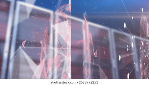 Image of abstract shapes with global network and data processing over computer servers. Business, global communication and digital interface concept digitally generated image.