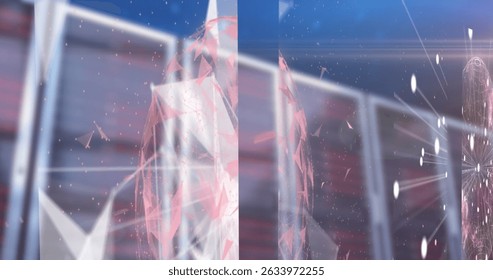 Image of abstract shapes with global network and data processing over computer servers. Business, global communication and digital interface concept digitally generated image.