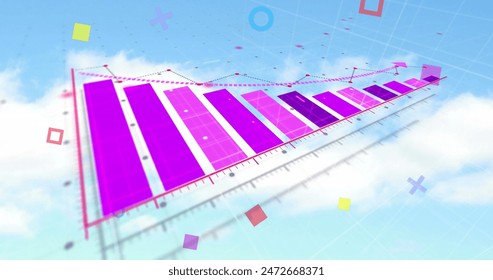 Image of abstract shapes over statistical data processing against clouds in the blue sky. Business data and cloud data storage technology concept