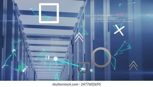 Image of abstract shapes, plexus networks and data processing over computer server room. Business data storage technology concept
