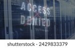 Image of acces denied text and data processing over server room. Global business and digital interface concept digitally generated image.