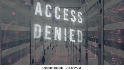 Image of access denied text in circuit board pattern and binary codes over bars on server room. Digital composite, multiple exposure, coding, networking, technology and network server concept. - Powered by Shutterstock - Get 15% off with code: PIKWIZARD15