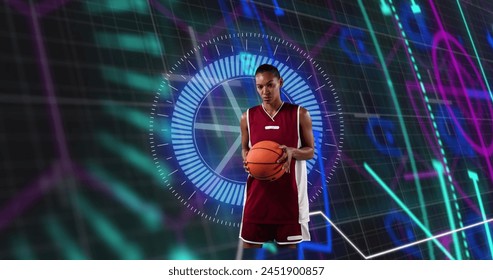 Image of african american female basketball player over scope scanning on black background. sport, connections and digital interface concept digitally generated image. - Powered by Shutterstock