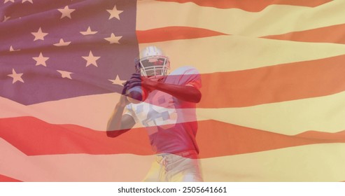 Image of african american american football player and flag of usa. American patriotism, sports and competition concept digitally generated image. - Powered by Shutterstock