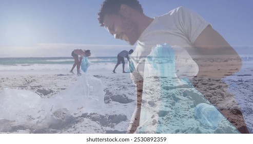 Image of african american man over african american couple segregating waste at beach. Holiday and digital interface concept digitally generated image. - Powered by Shutterstock