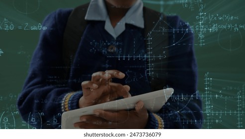 Image of african american school girl holding a digital tablet with chalkboard on background. mathematical formulas moving on the foreground - Powered by Shutterstock